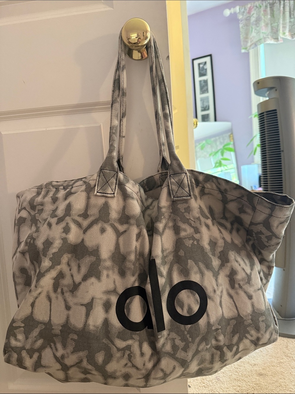 ALO Yoga Gray Tie-Dye Canvas Tote with Black Logo